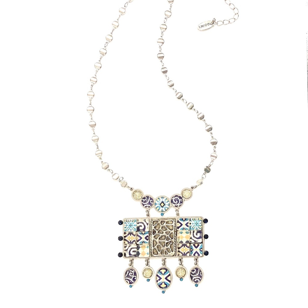 Yoolie's Necklace, Aqua, Blue, Gold Sparkle Motif, Silver Chain, Closure 15-19"